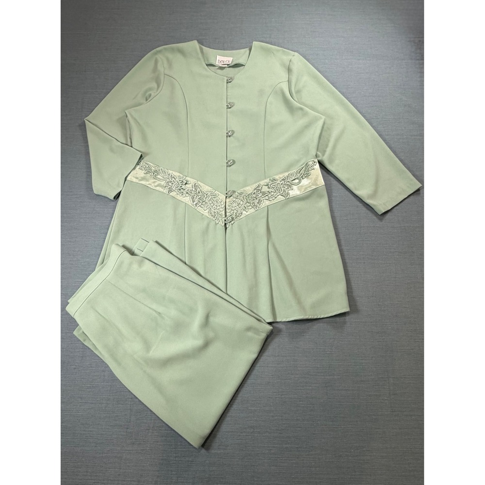 Dolce Sage Green Skirt Suit Set 2XL Floral Embroidered Beaded 2pc Made in USA